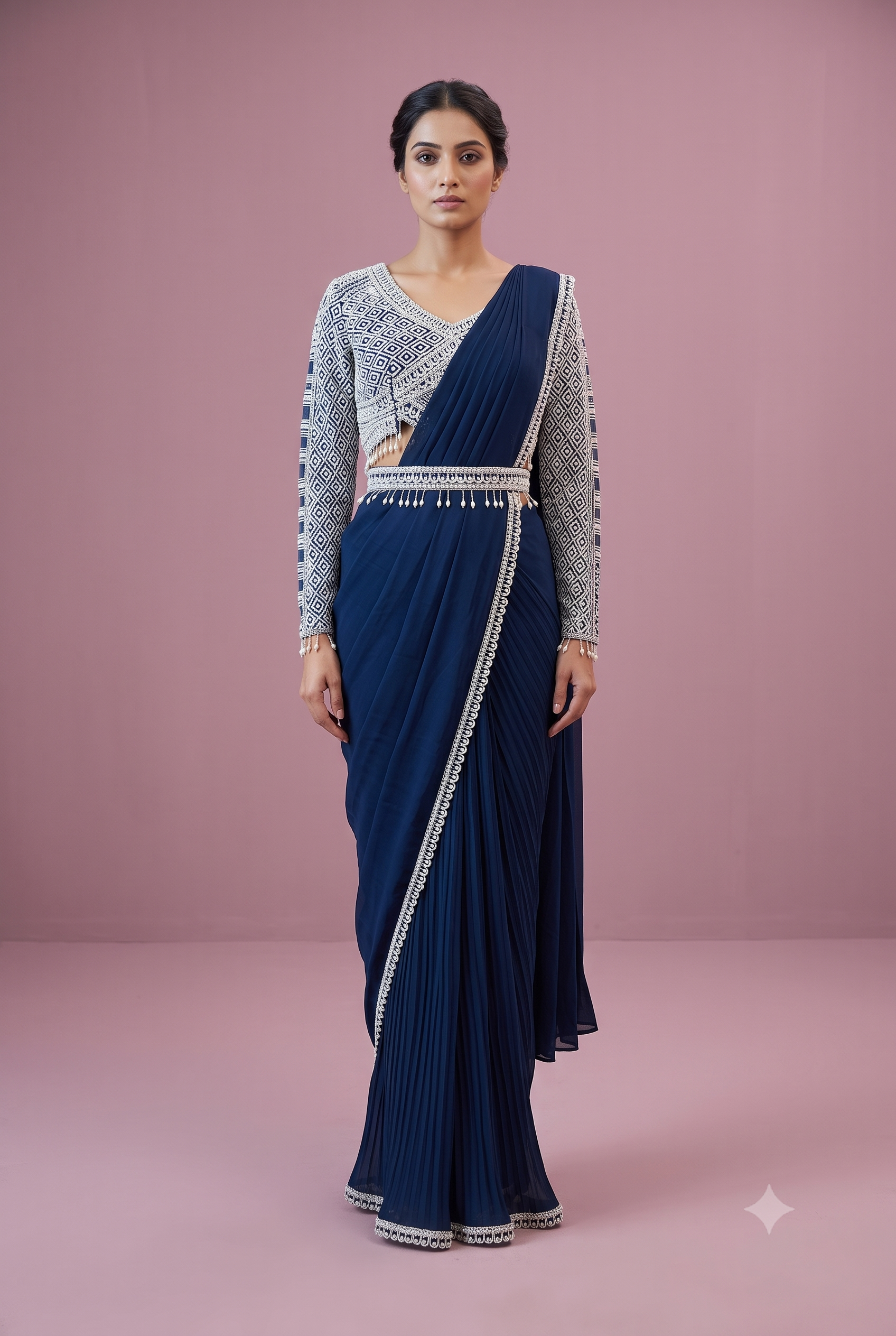 Geometric Embroidered Pre-Draped Saree