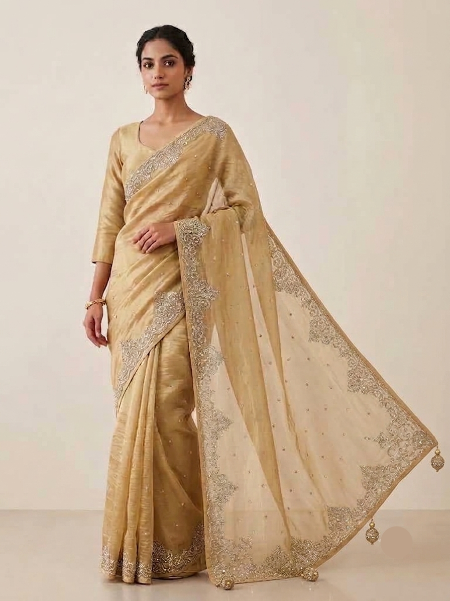 Elegant Champagne Gold Organza Saree with Intricate Embroidered Border