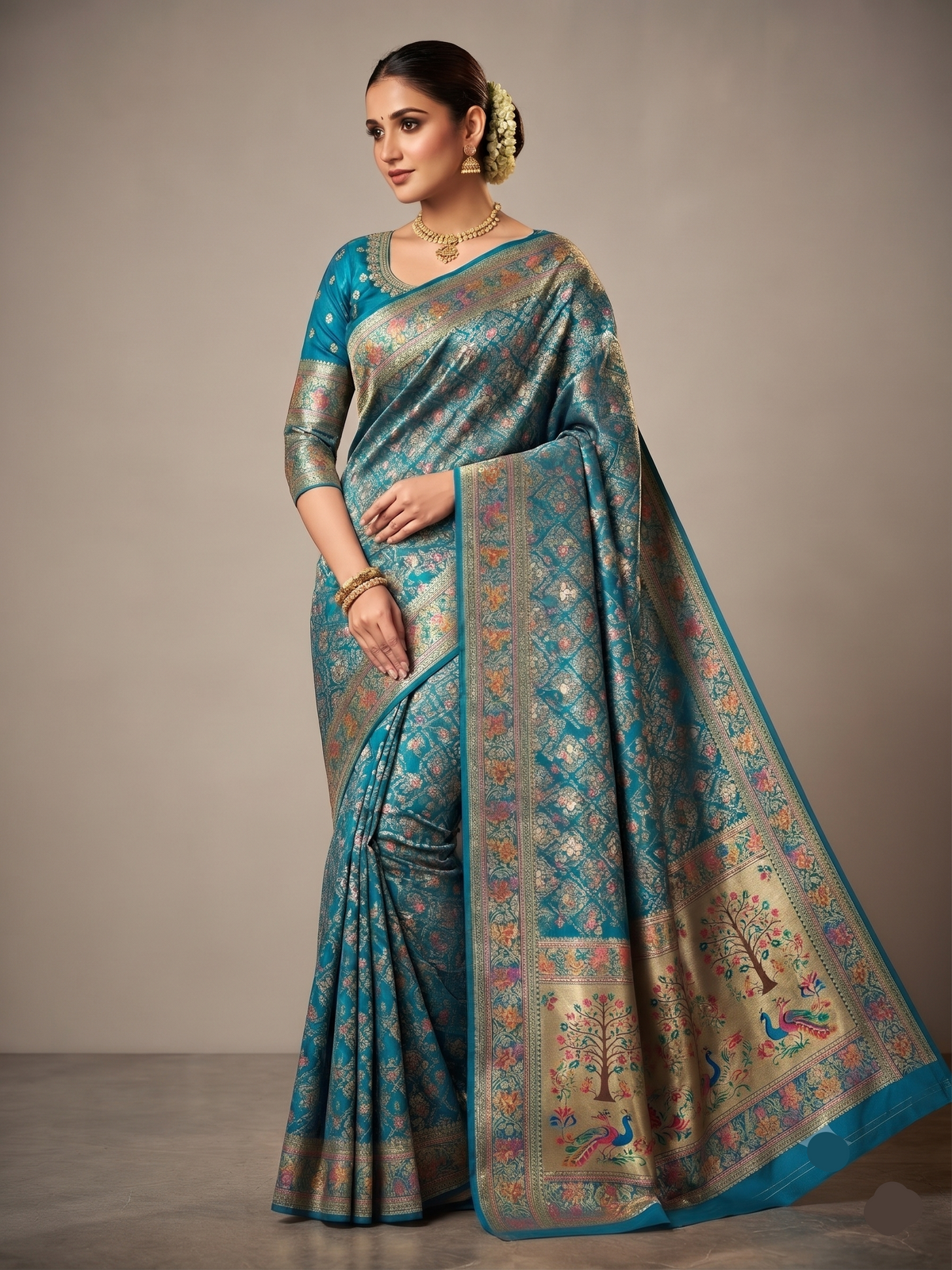 Teal Peacock Pallu Saree