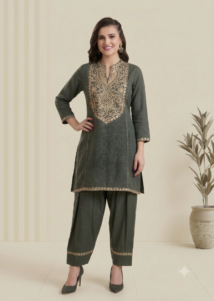 Dark Olive Green Gold Embroidered Tunic & Dhoti Pants Set Main image