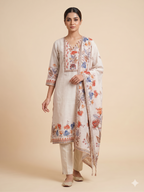 Beige Floral Printed Tussar Silk Suit Set