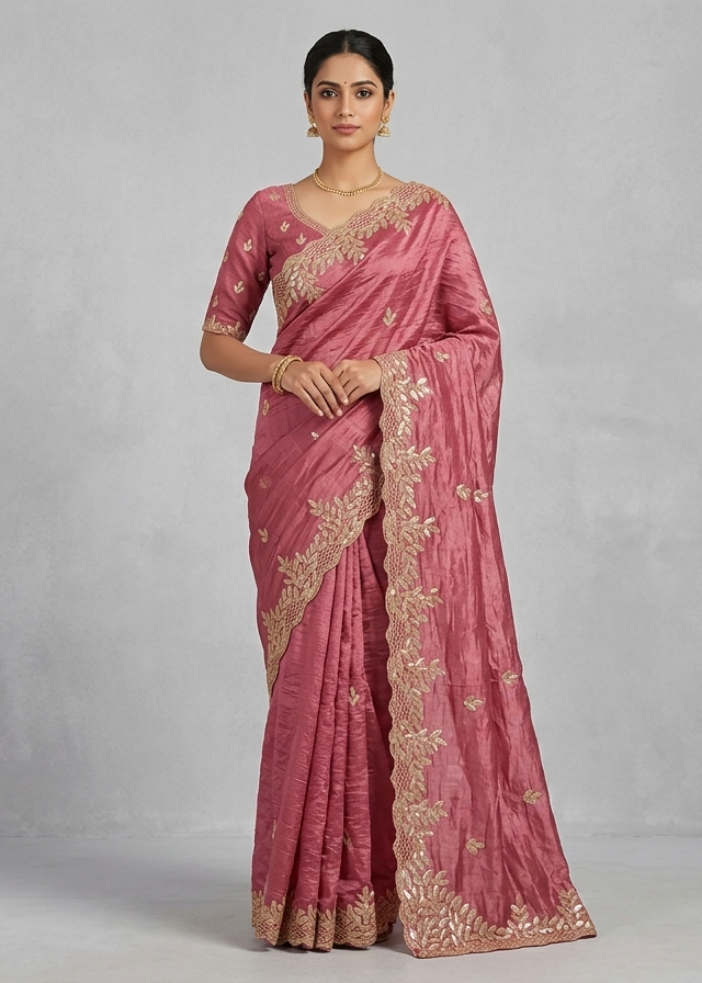 Dusty Pink Organza Saree with Golden Floral Embroidery & Designer Border Main image