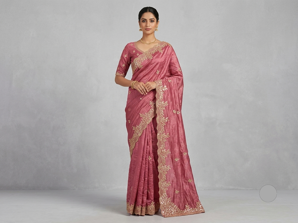 Dusty Pink Organza Saree with Golden Floral Embroidery & Designer Border