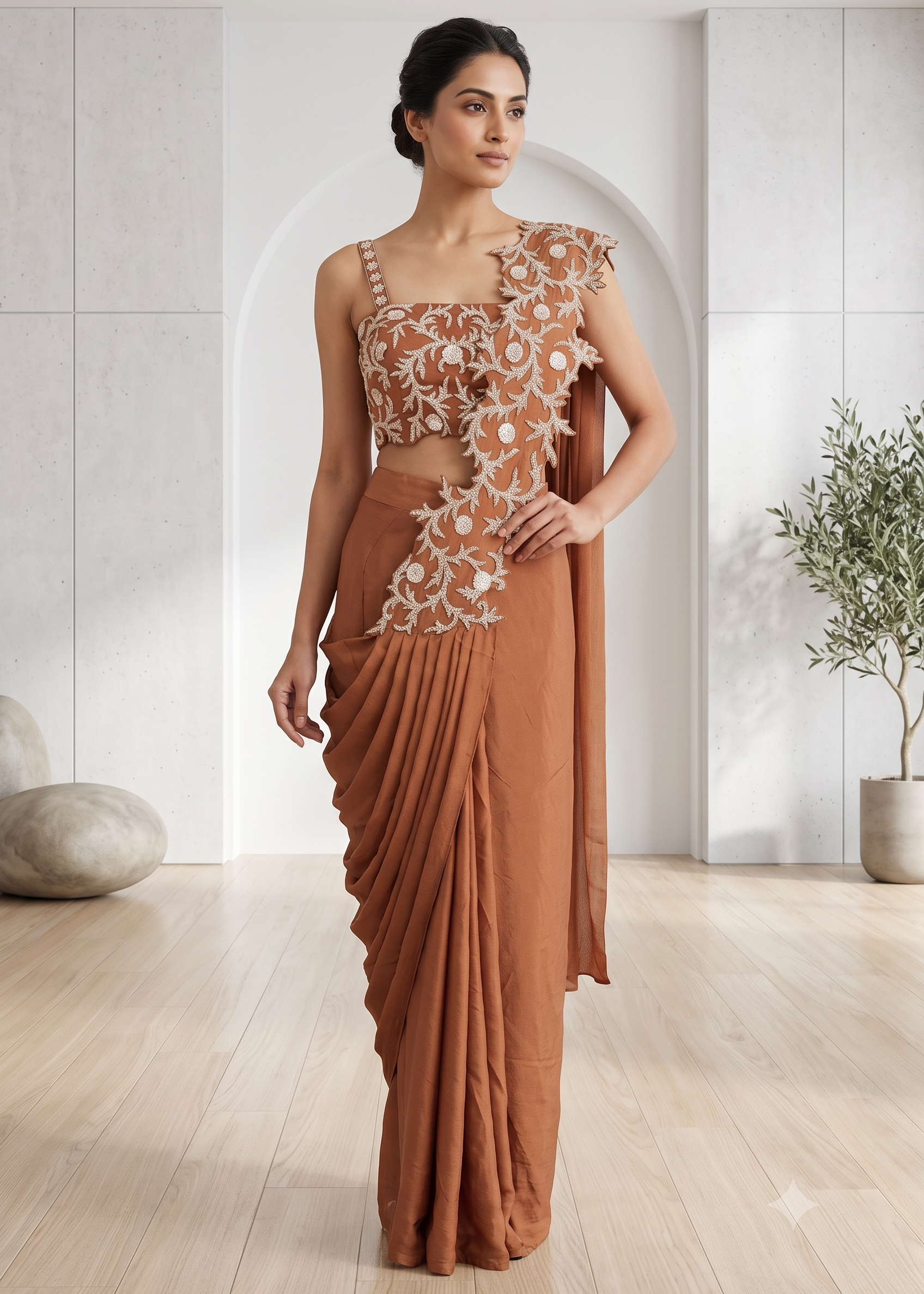 Embroidered Cutwork Pre-Draped Saree Main image