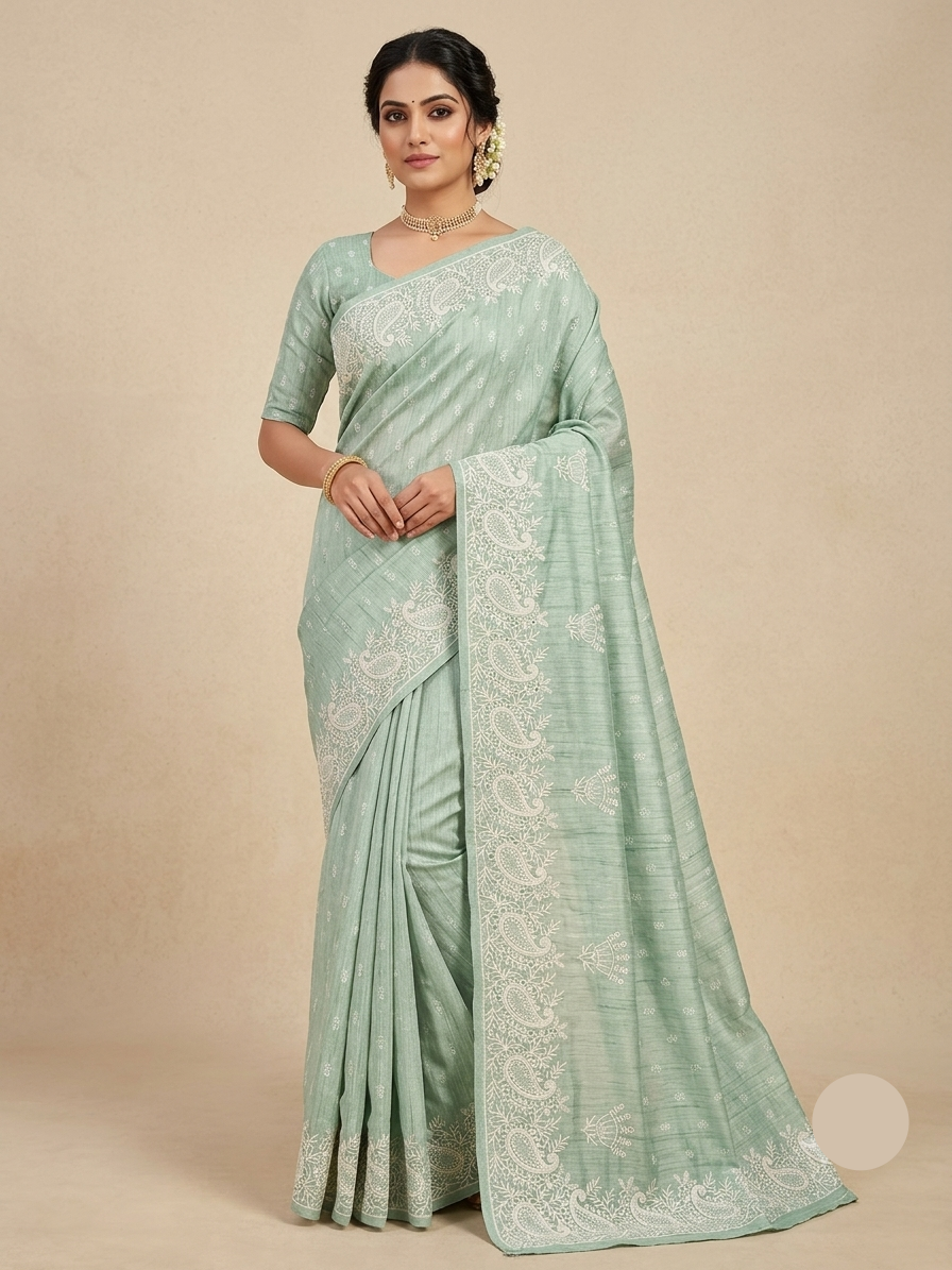 Mint Green Tissue Saree with Paisley Embroidery Main image
