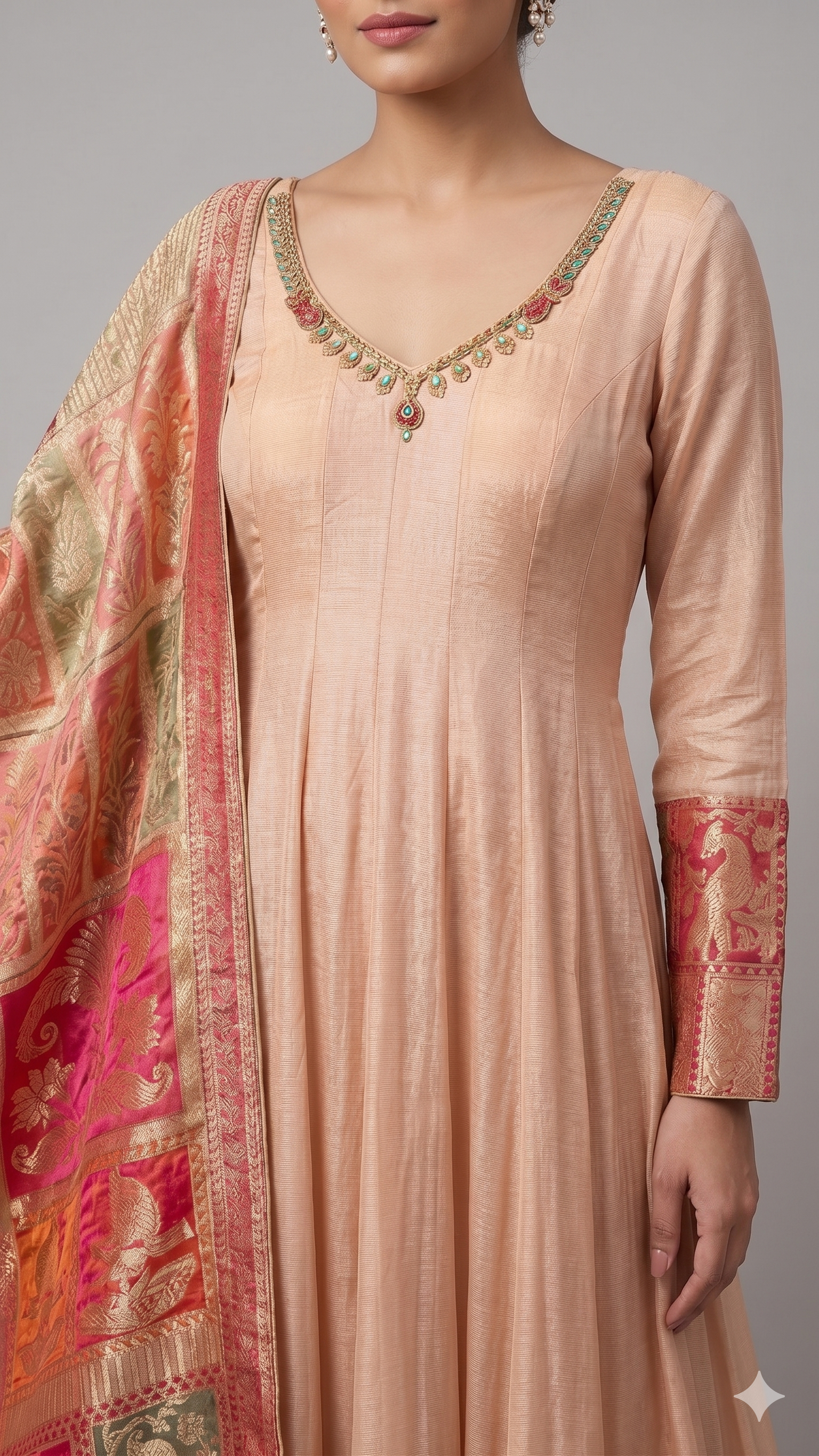 Peach Tissue Silk Anarkali with Paithani-Style Accent