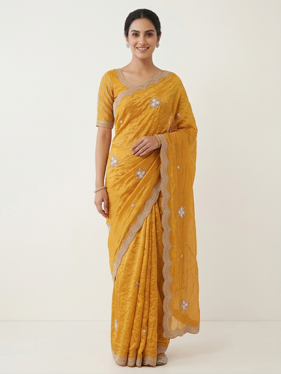 Mustard Yellow Soft Saree with Silver Embroidery and Scalloped Border Main image