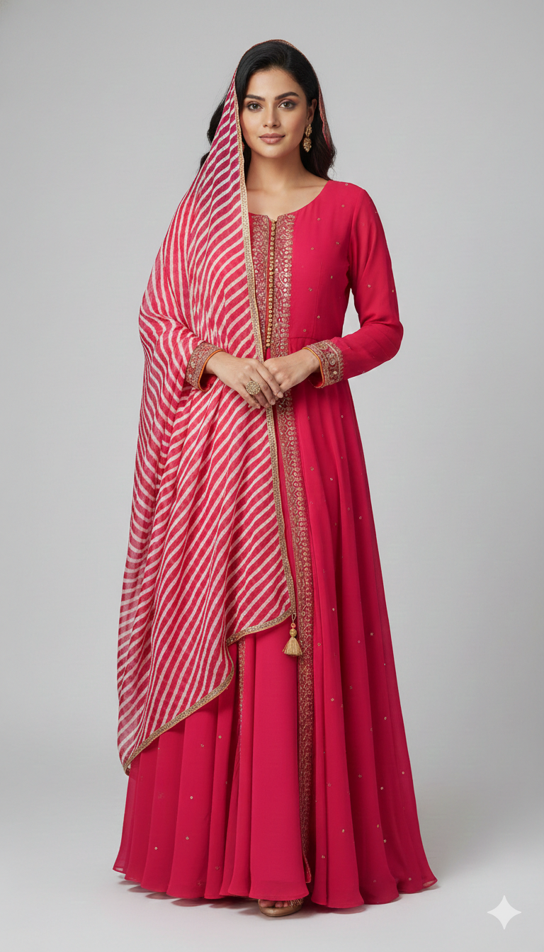 Rani Pink Leheriya Anarkali Set Secondary image