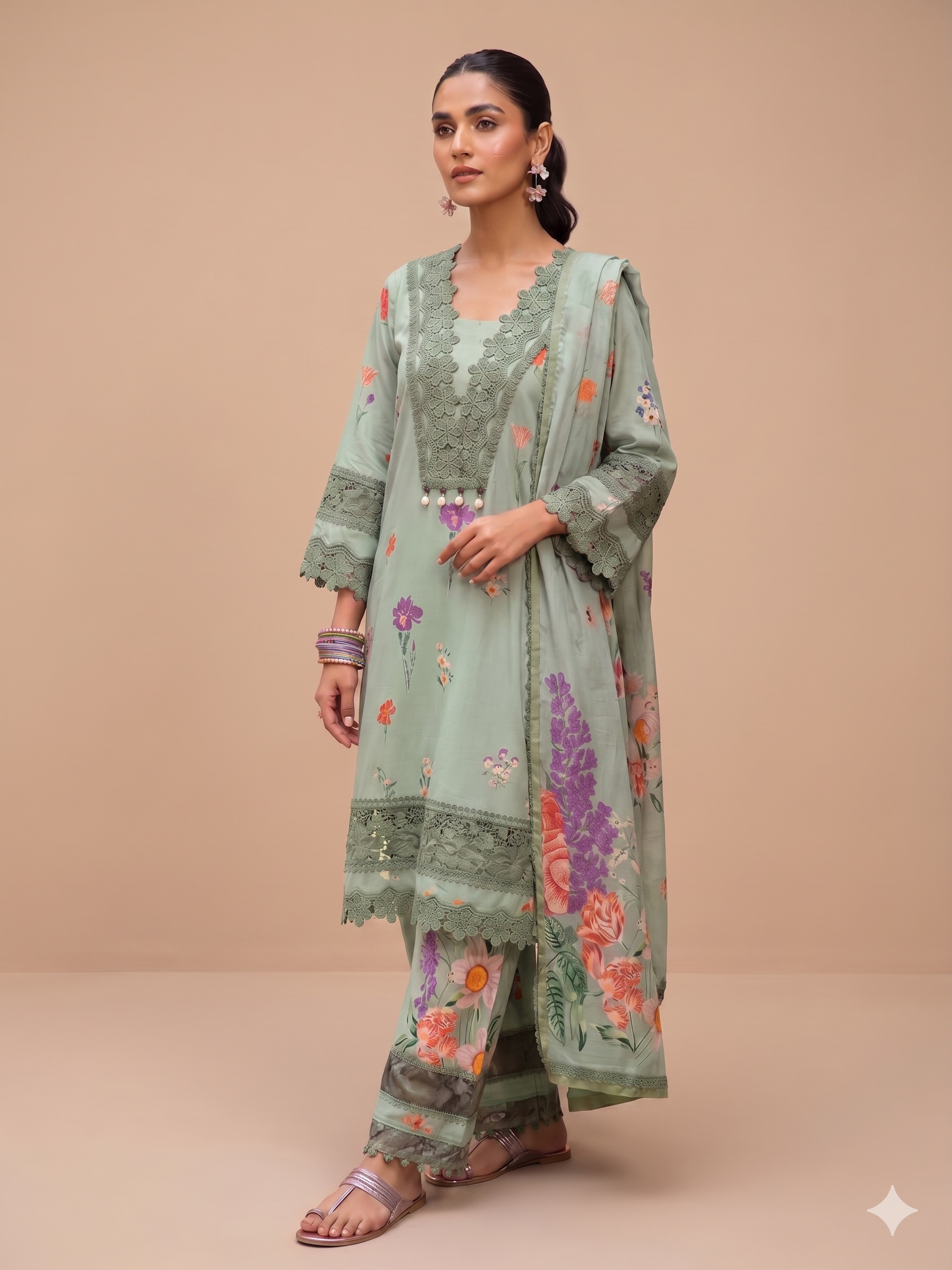 Pastel Floral Printed Suit with Crochet Lace Work Secondary image