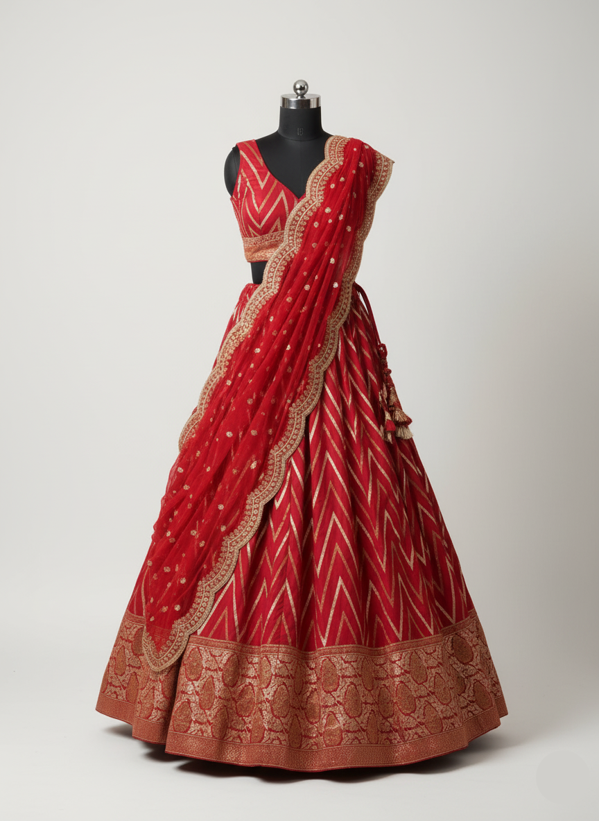 Ruby Red Chevron Silk Lehenga Set with Brocade Border (1036 GA-39)