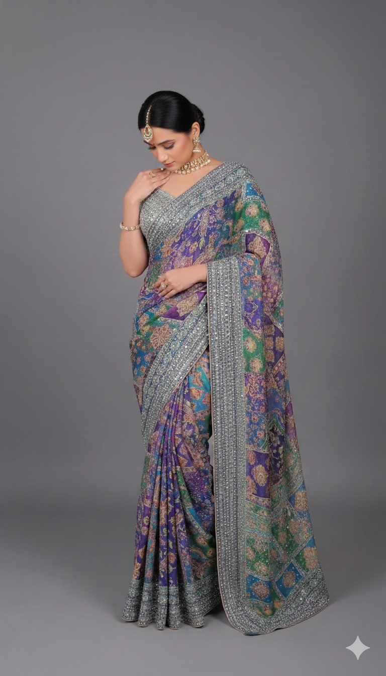 Radiant Mosaic Jewel Saree Secondary image