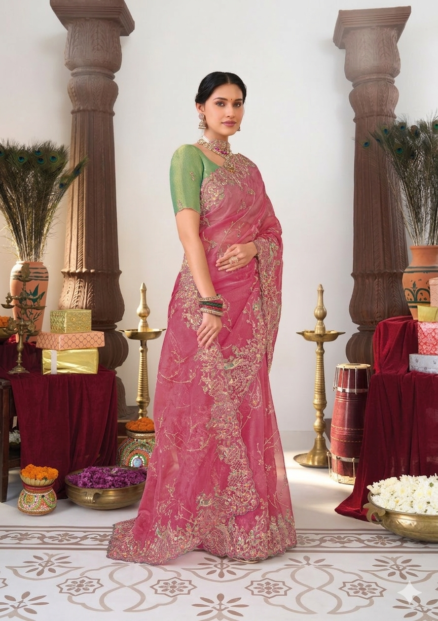 Organza Saree with Heavy Zardosi Embroidery