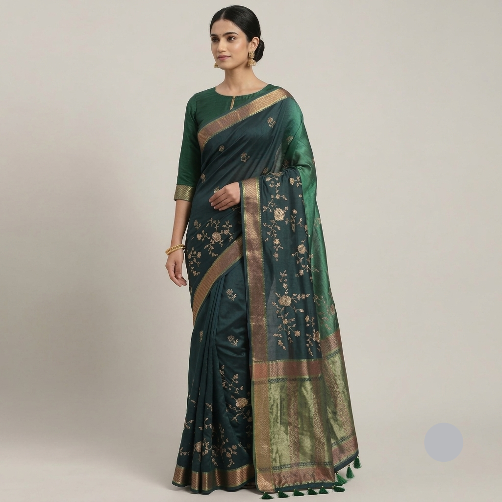 Blue Jimmy Choo Saree with Golden Floral Embroidery Main image