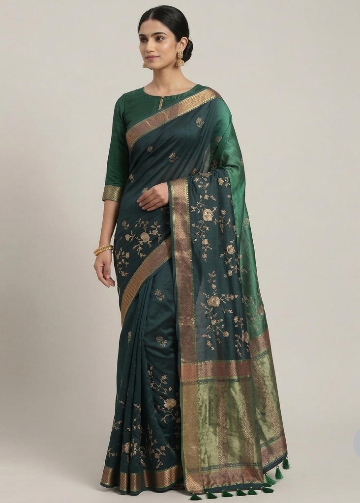 Blue Jimmy Choo Saree with Golden Floral Embroidery Main image