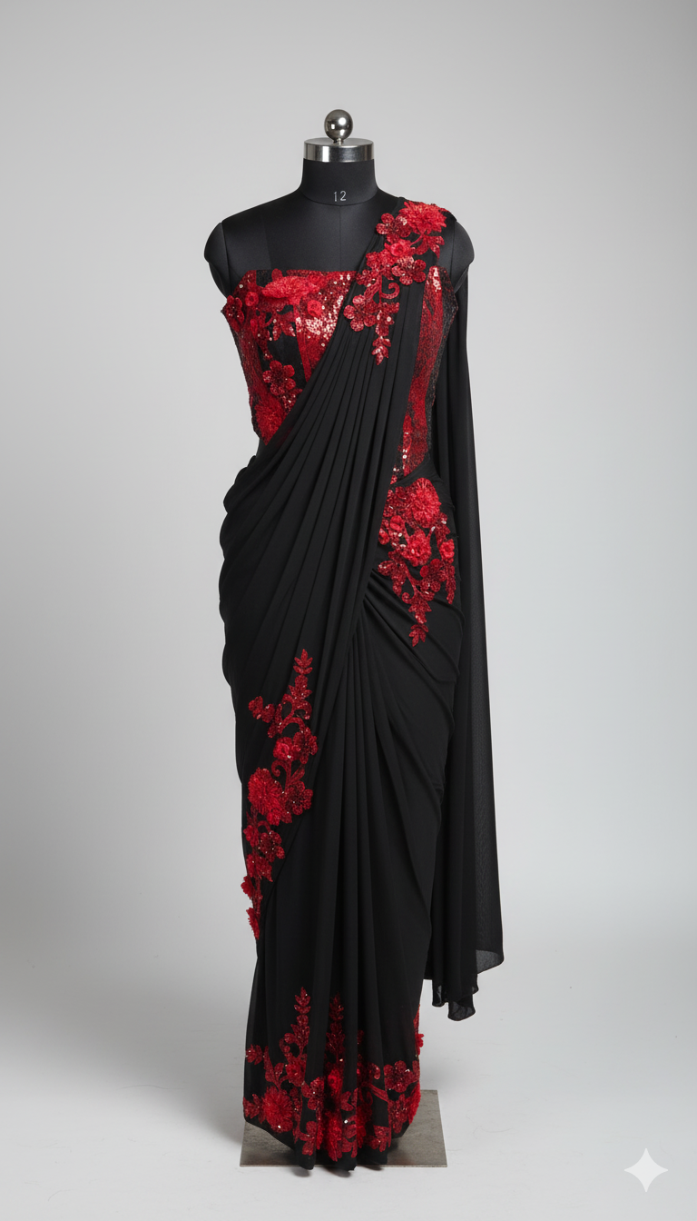 Black Ember Pre-Draped Saree (KDS-25-87 D-104)
