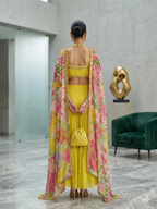 Sunshine Yellow Tiered Sharara Set with Floral Cape