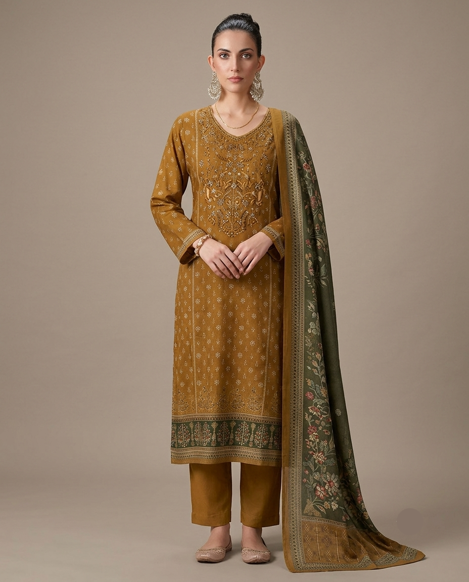 Mustard Embroidered Straight Kurta with Pants