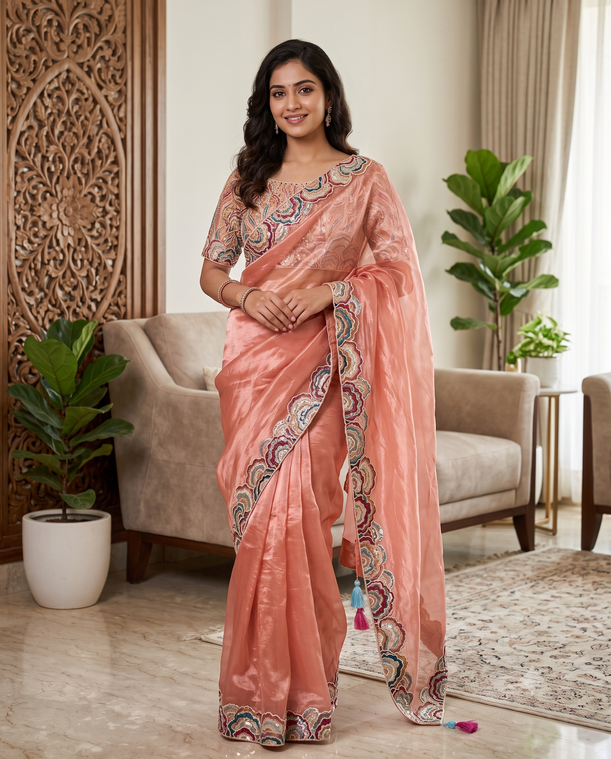 Peach Designer Saree with Multicolour Floral Embroidered Border Main image