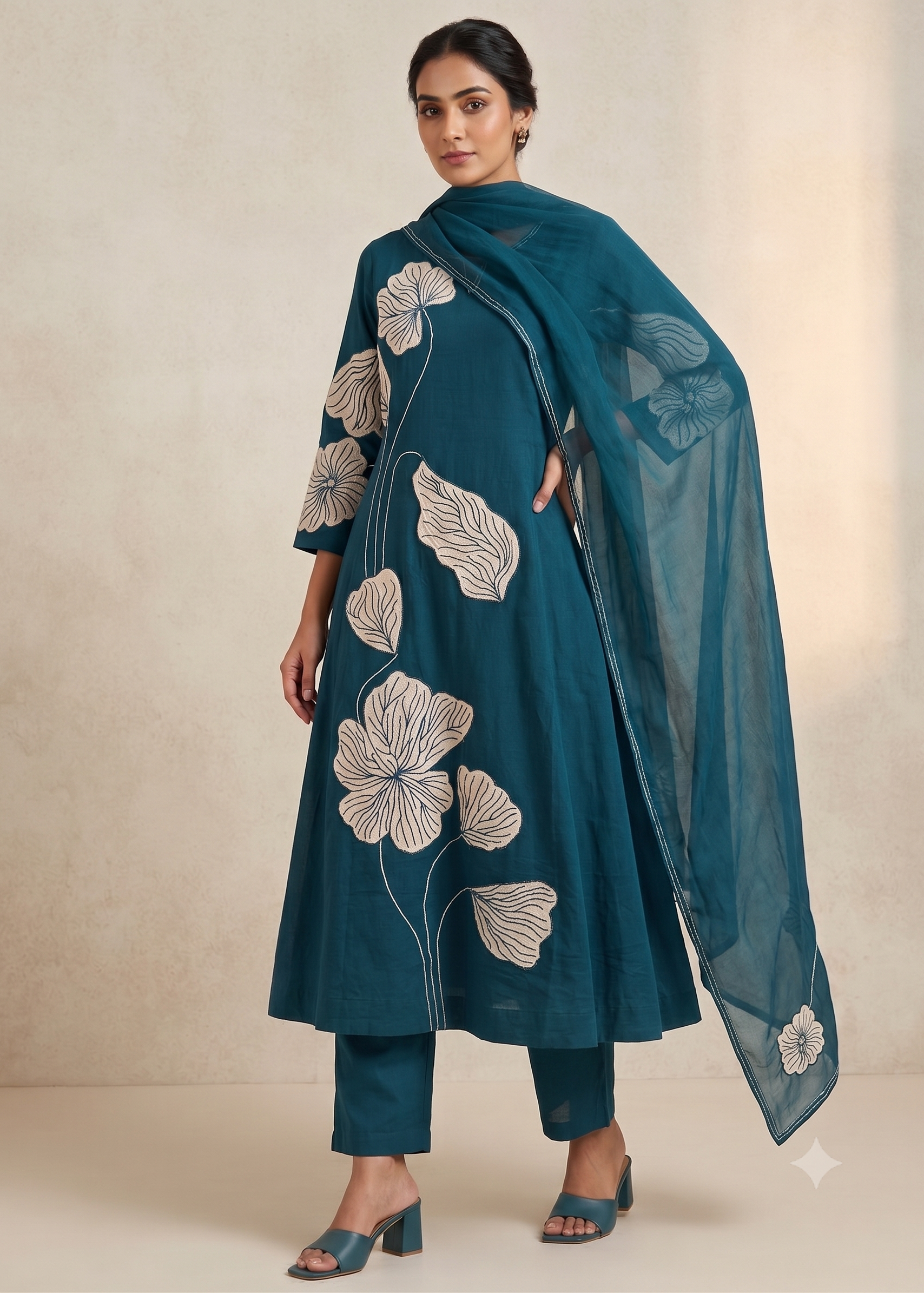 Elegant Deep Teal Cotton-Silk Anarkali Set Main image