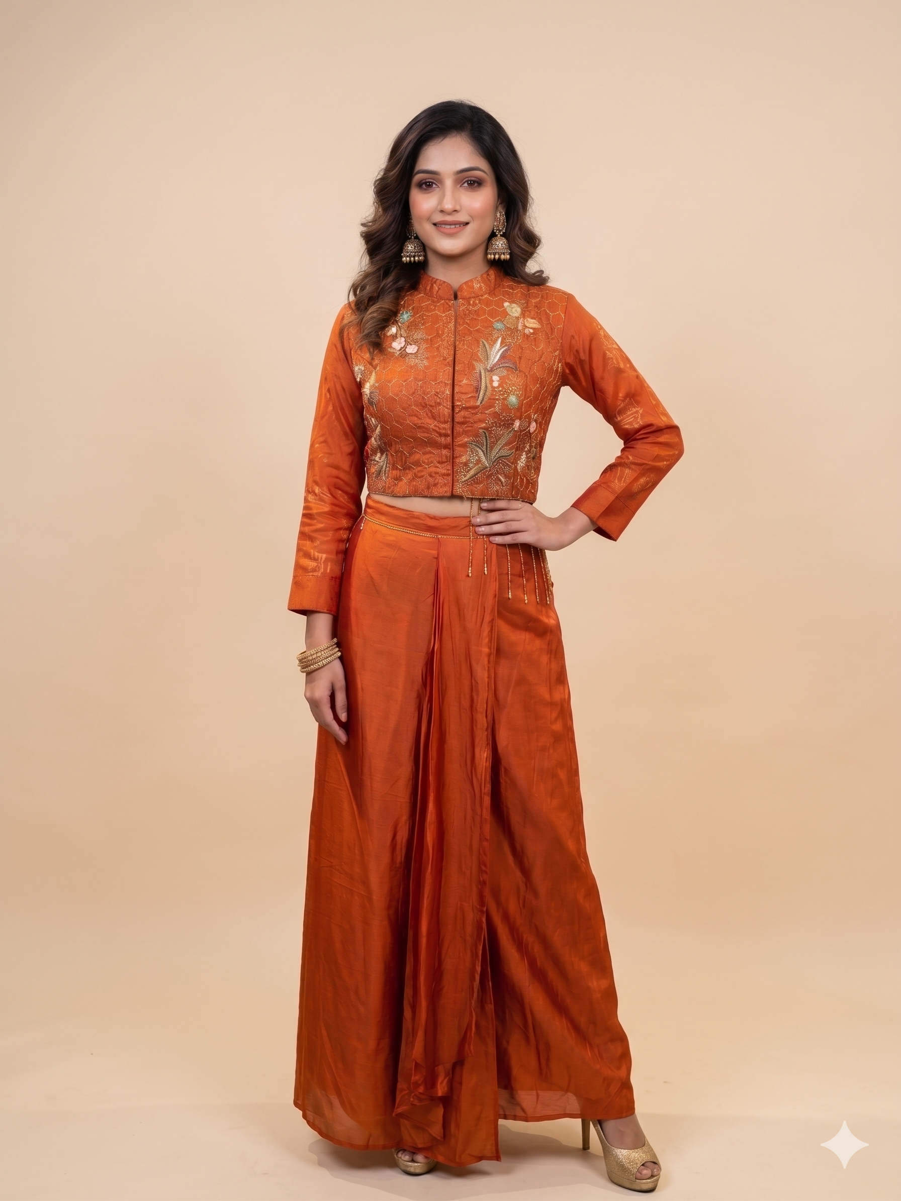 Rust Embroidered Draped Skirt Set Main image