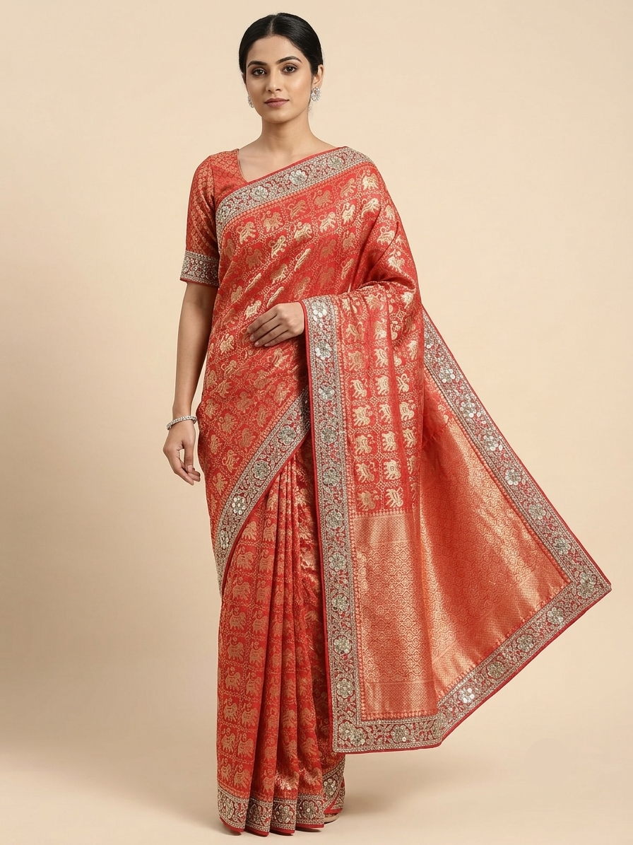 Coral Red Silk Saree with Traditional Golden Motifs and Ornate Border Main image