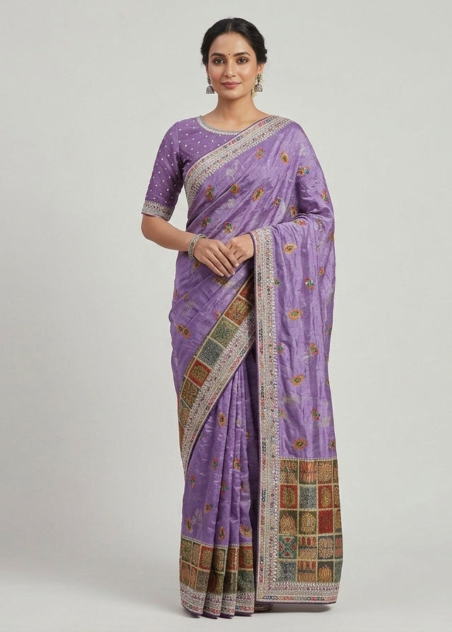 Lavender Soft Fabric Saree with Multicolour Traditional Motifs Main image