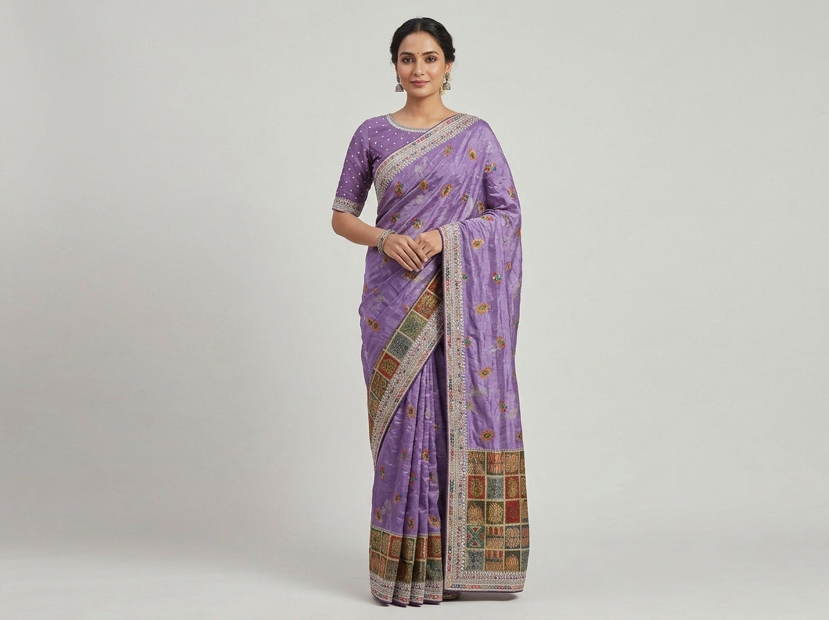 Lavender Soft Fabric Saree with Multicolour Traditional Motifs