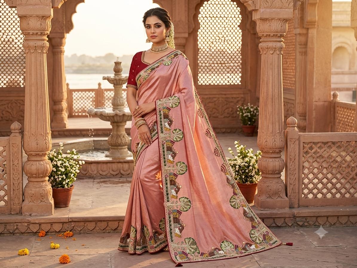Blush Pink Floral Embroidered Saree Main image
