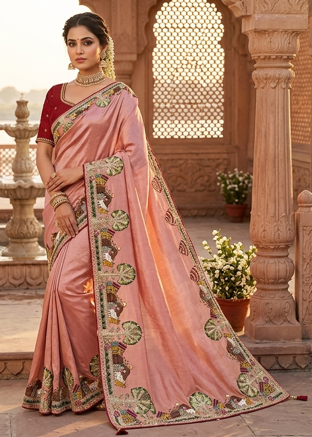 Blush Pink Floral Embroidered Saree Main image