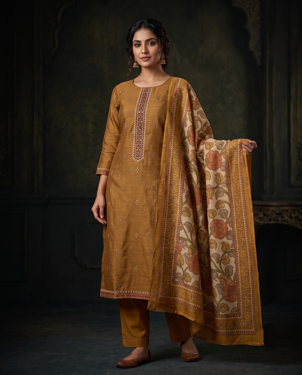 Ochre Gold Chanderi Silk Kurta Set