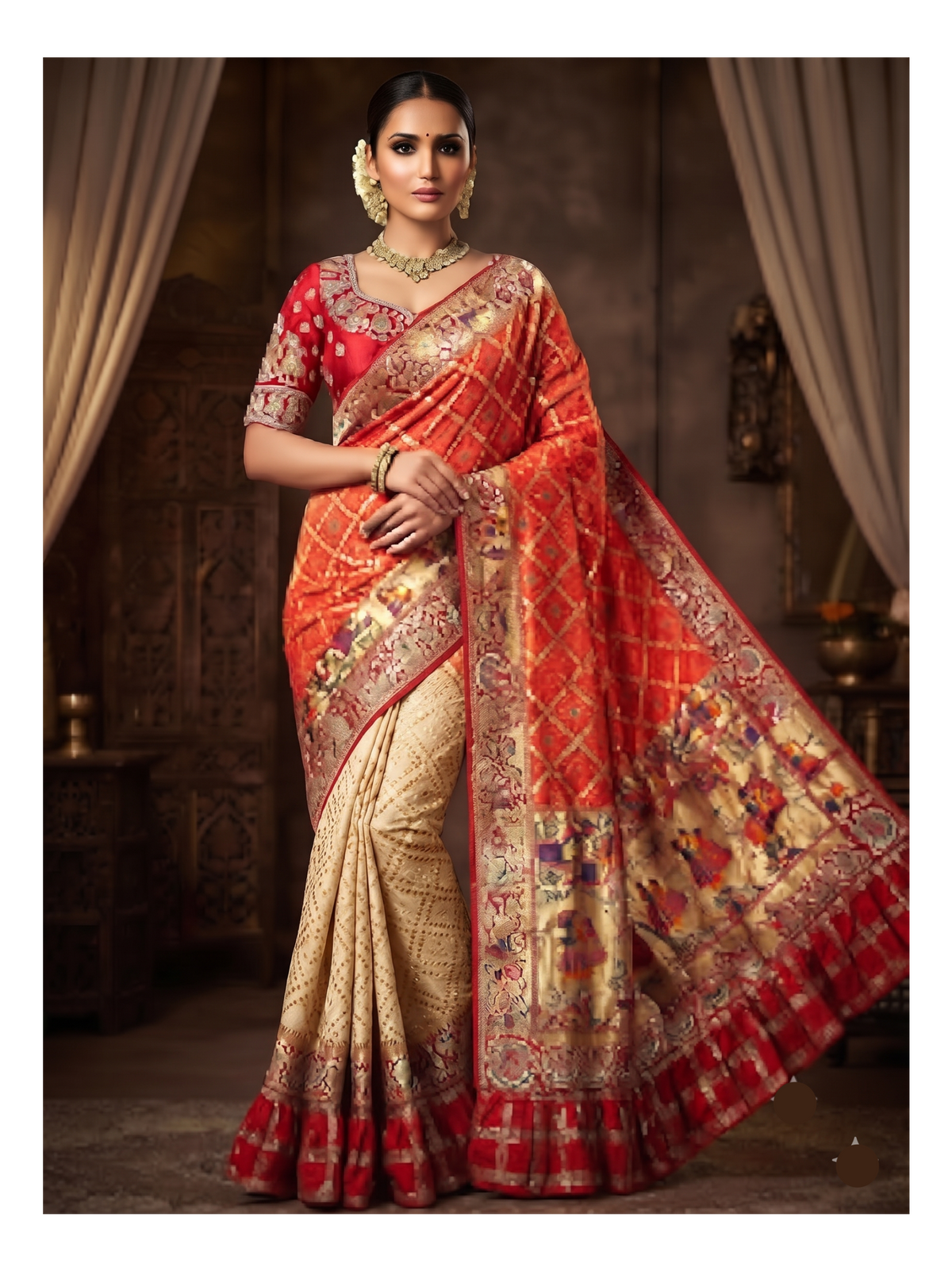 Cream & Red Ornamental Saree