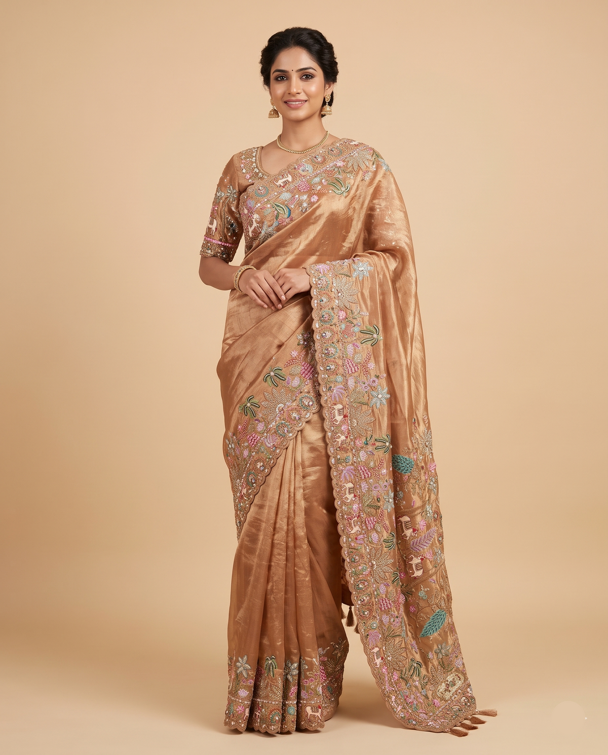 Rust Gold Tissue Silk Saree with Pastel Resham Embroidery Main image