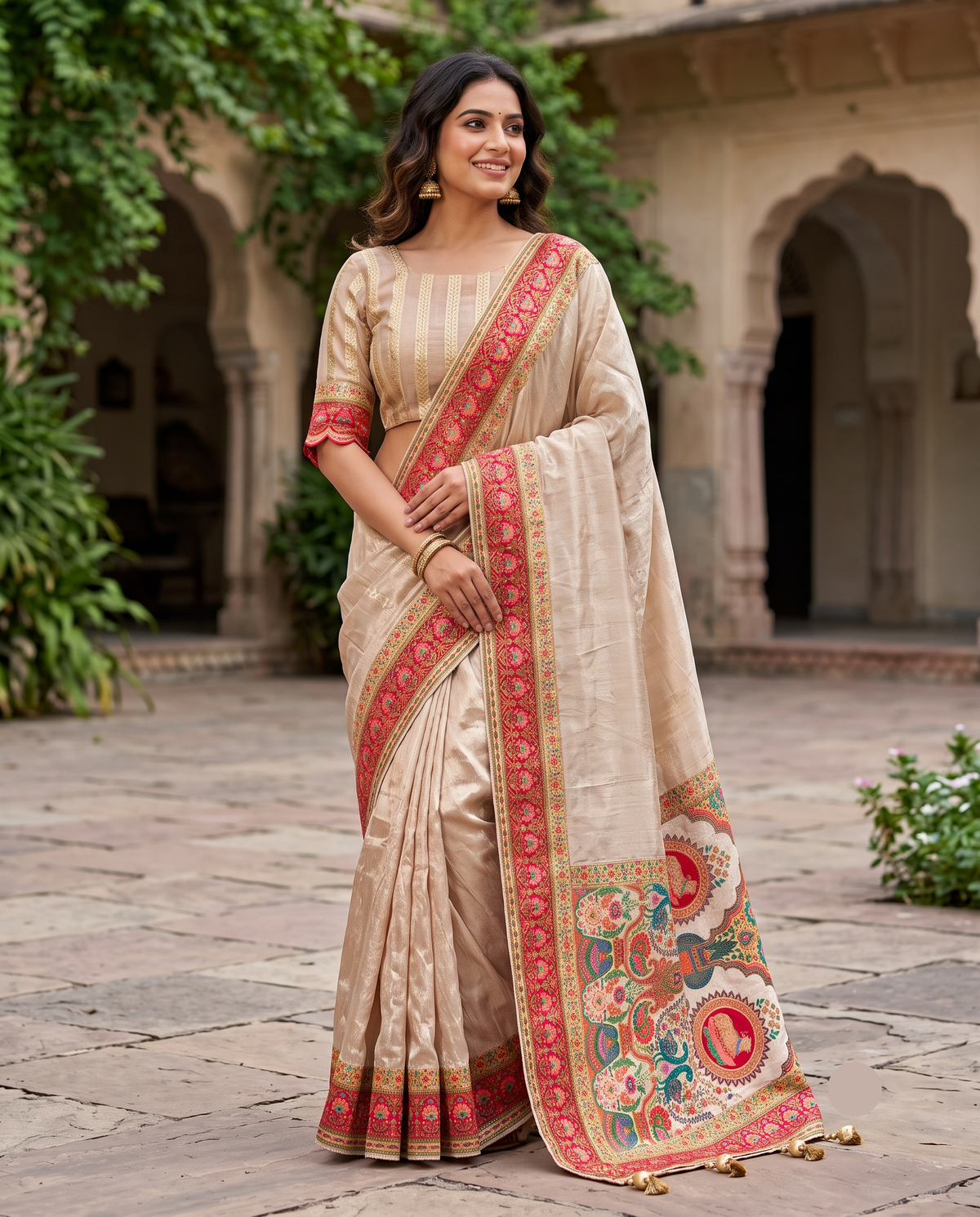 Beige Designer Saree with Rani Pink Floral Border Main image