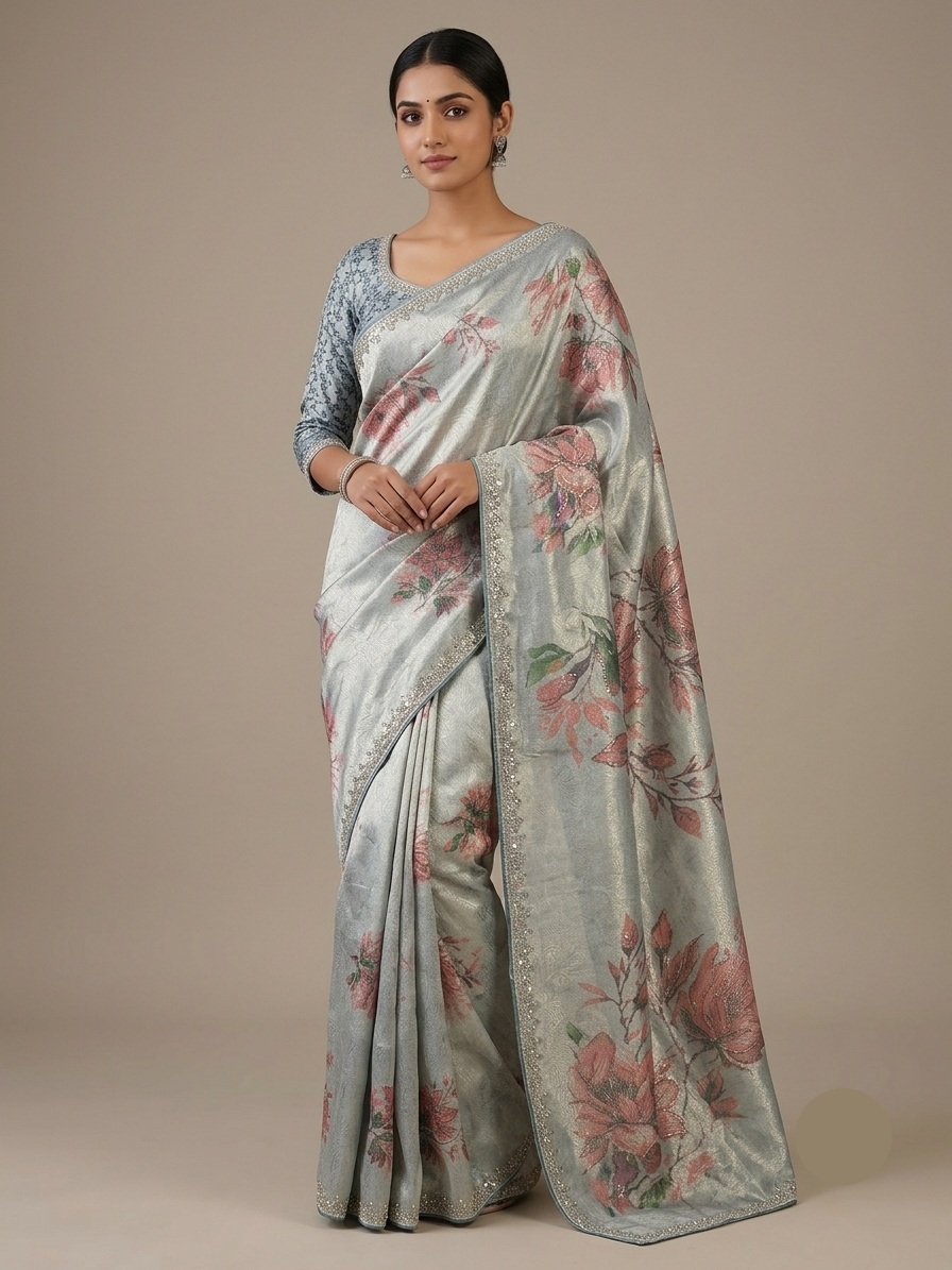 Elegant Grey Soft Fabric Saree with Floral Print Main image