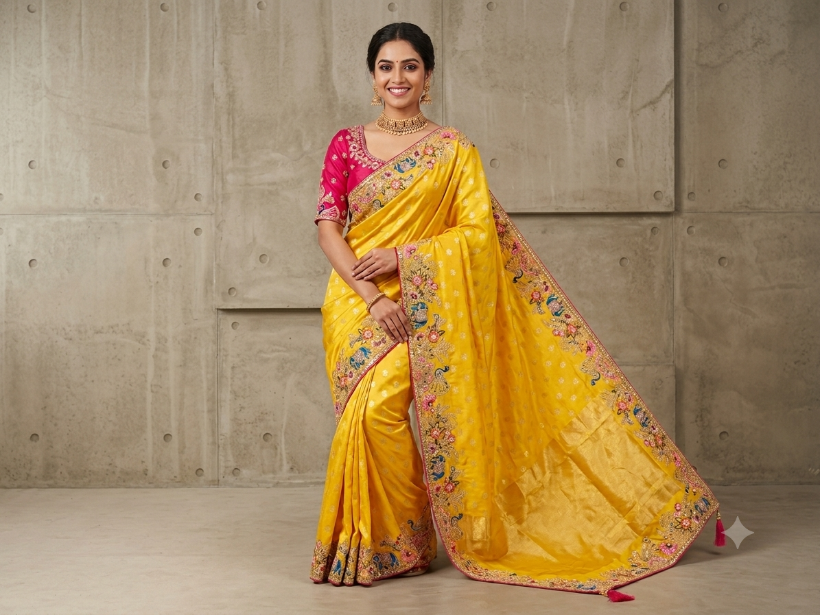 Yellow Soft Fabric Saree with Multicolour Floral Embroidered Border