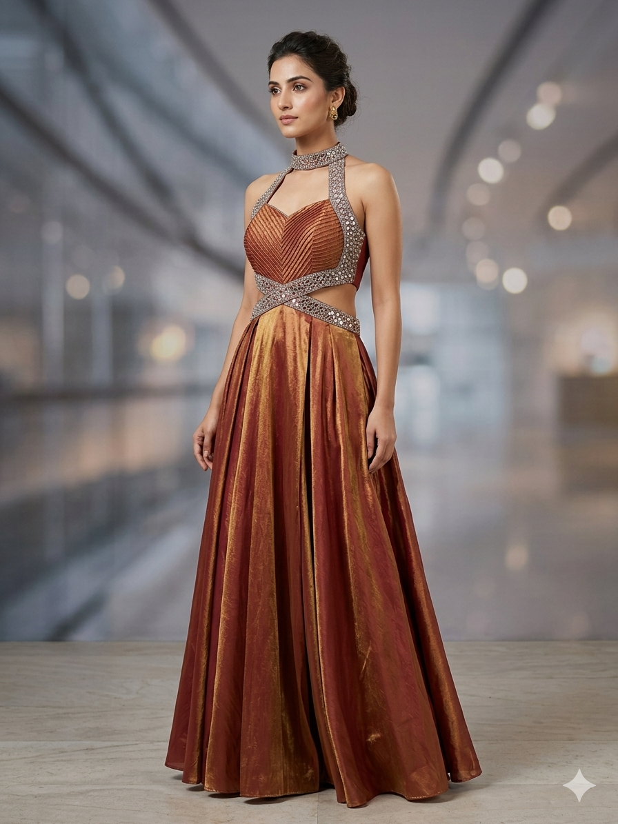 Choker-Style Halter Neck Fusion Gown with Metallic Finish – ODHNI