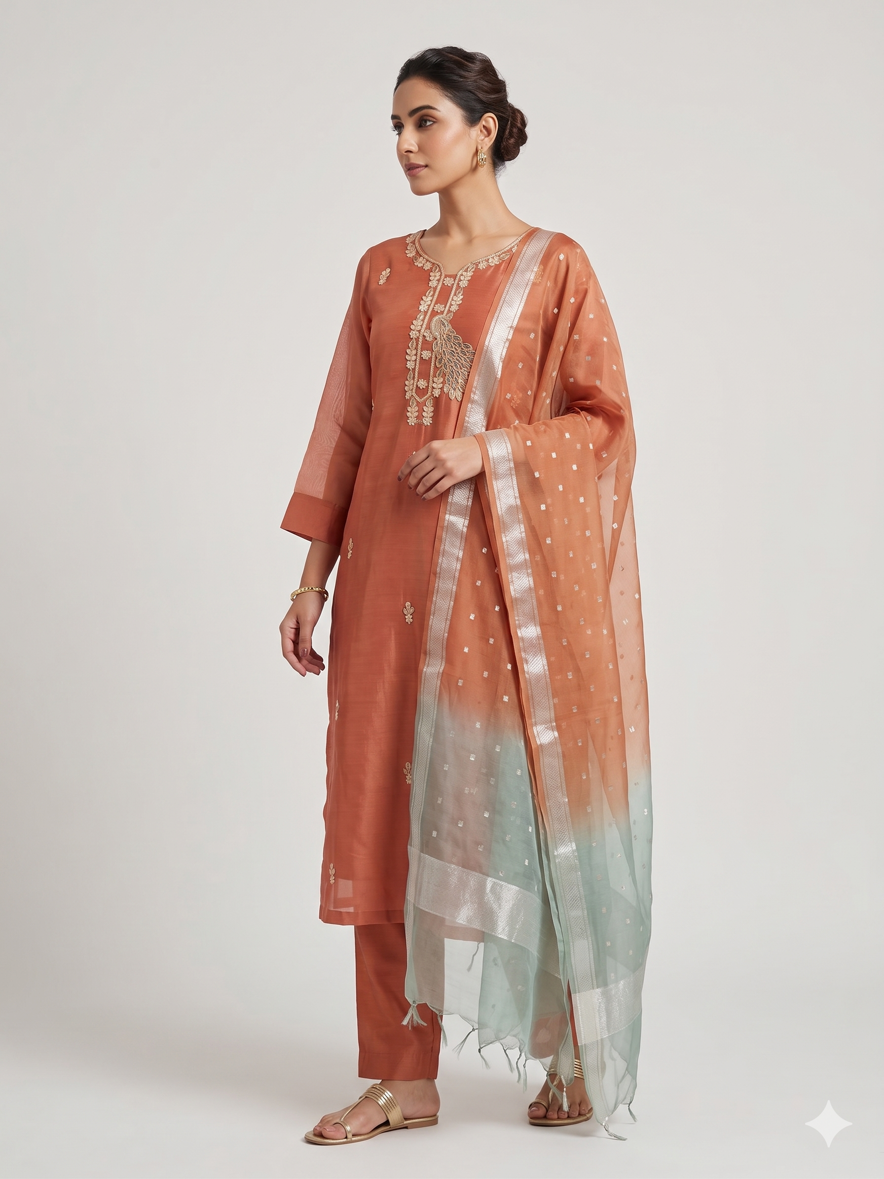 Rust Chanderi Embroidered Suit Set