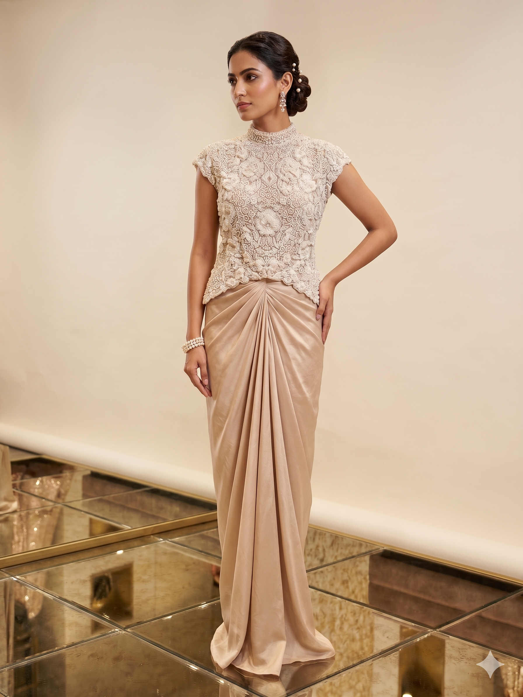 Sequin High-Neck Draped Dhoti Skirt Set