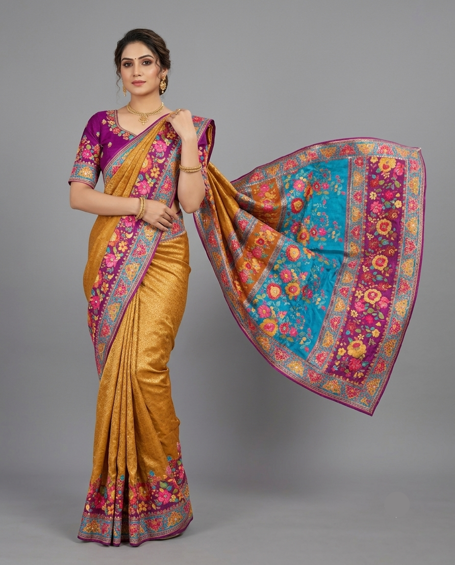 Deep Purple Silk Blend Saree with Floral Border