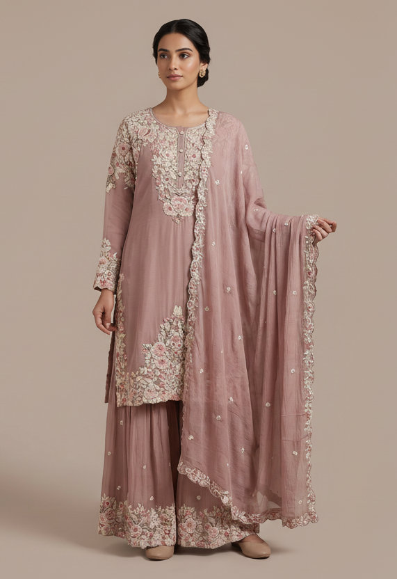 Dusty Rose Floral Sharara Suit Set Main image