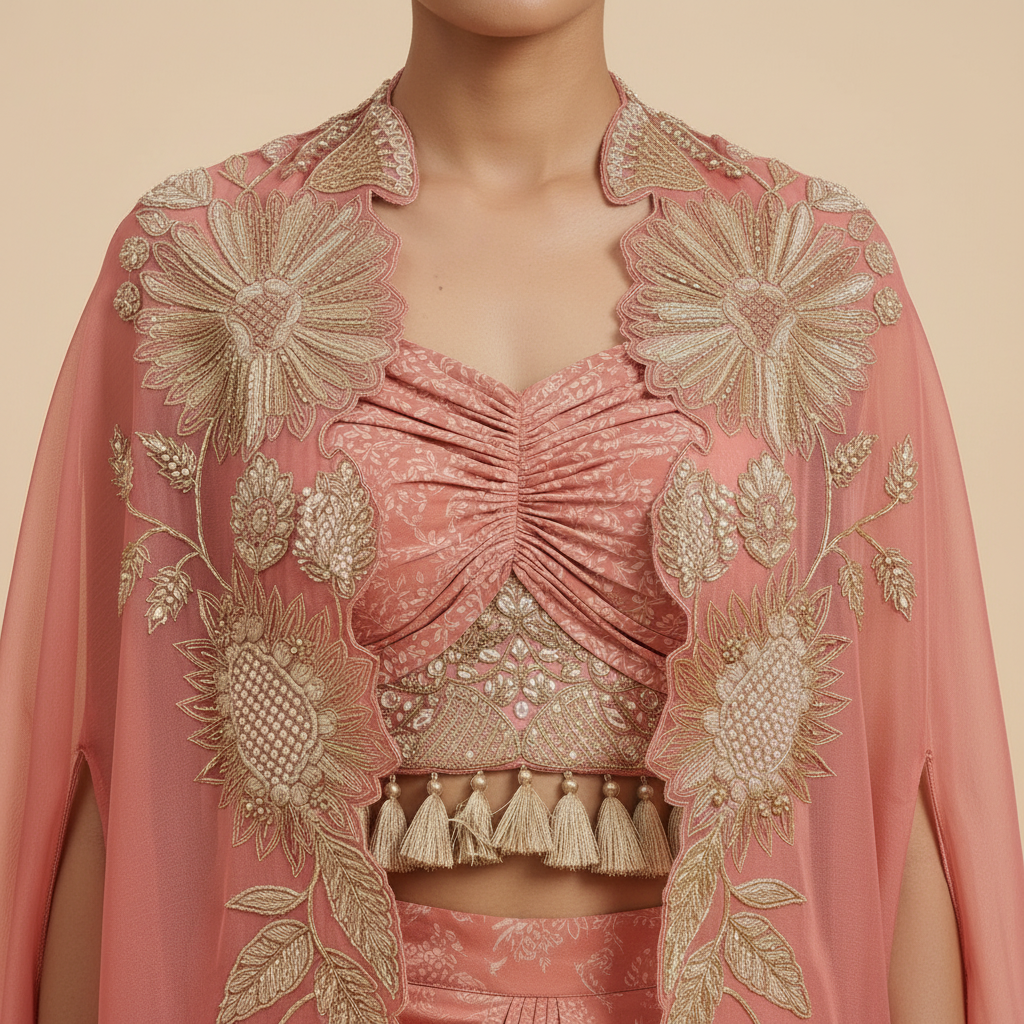 Embroidered Dhoti Skirt & Cape Set
