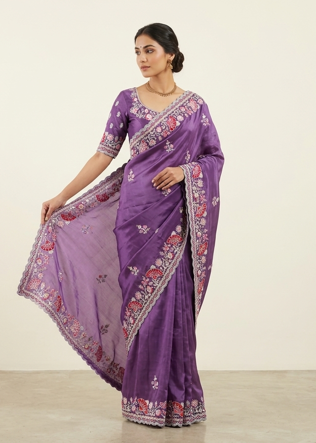 Purple Soft Fabric Saree with Embroidered Floral Border