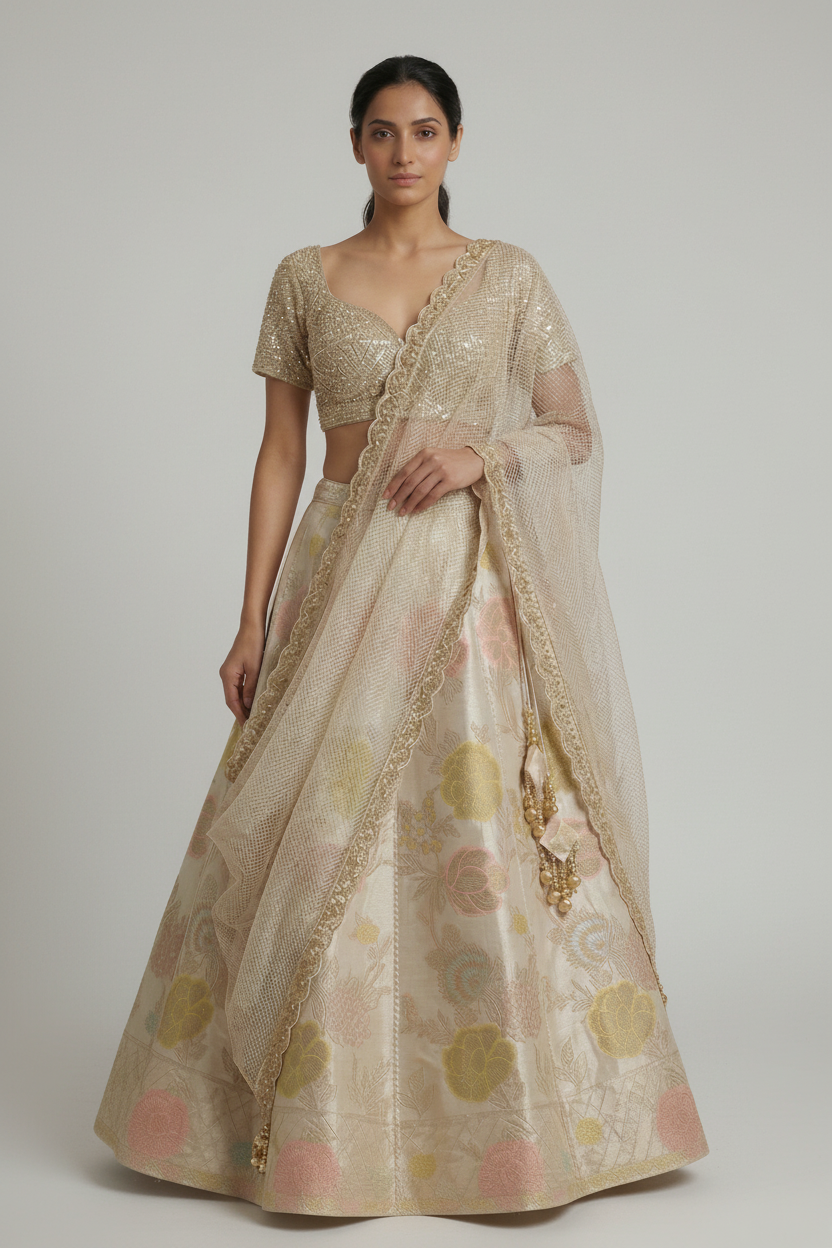 Guldasta Ivory Silk Lehenga