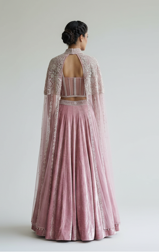 Cape-Style Embroidered Silk Lehenga