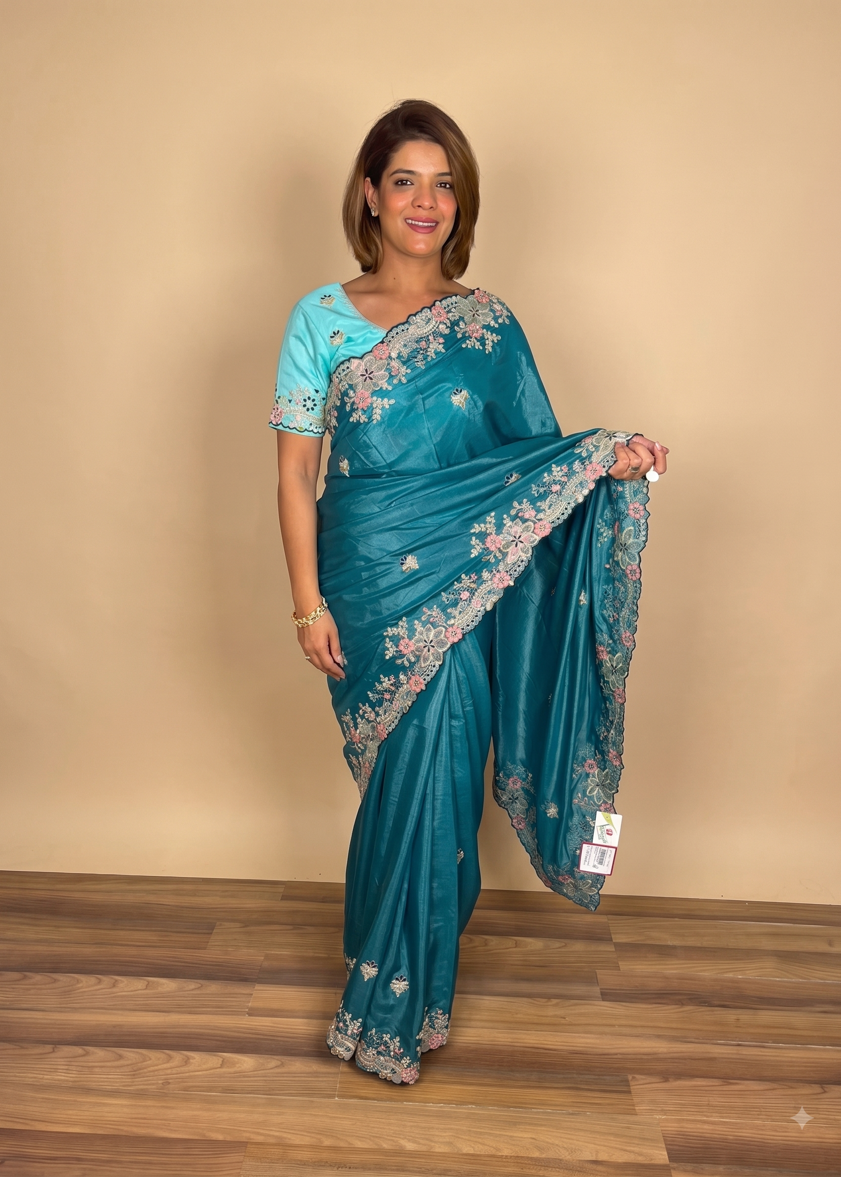 Floral Cutwork Teal Blue Silk Saree Main image