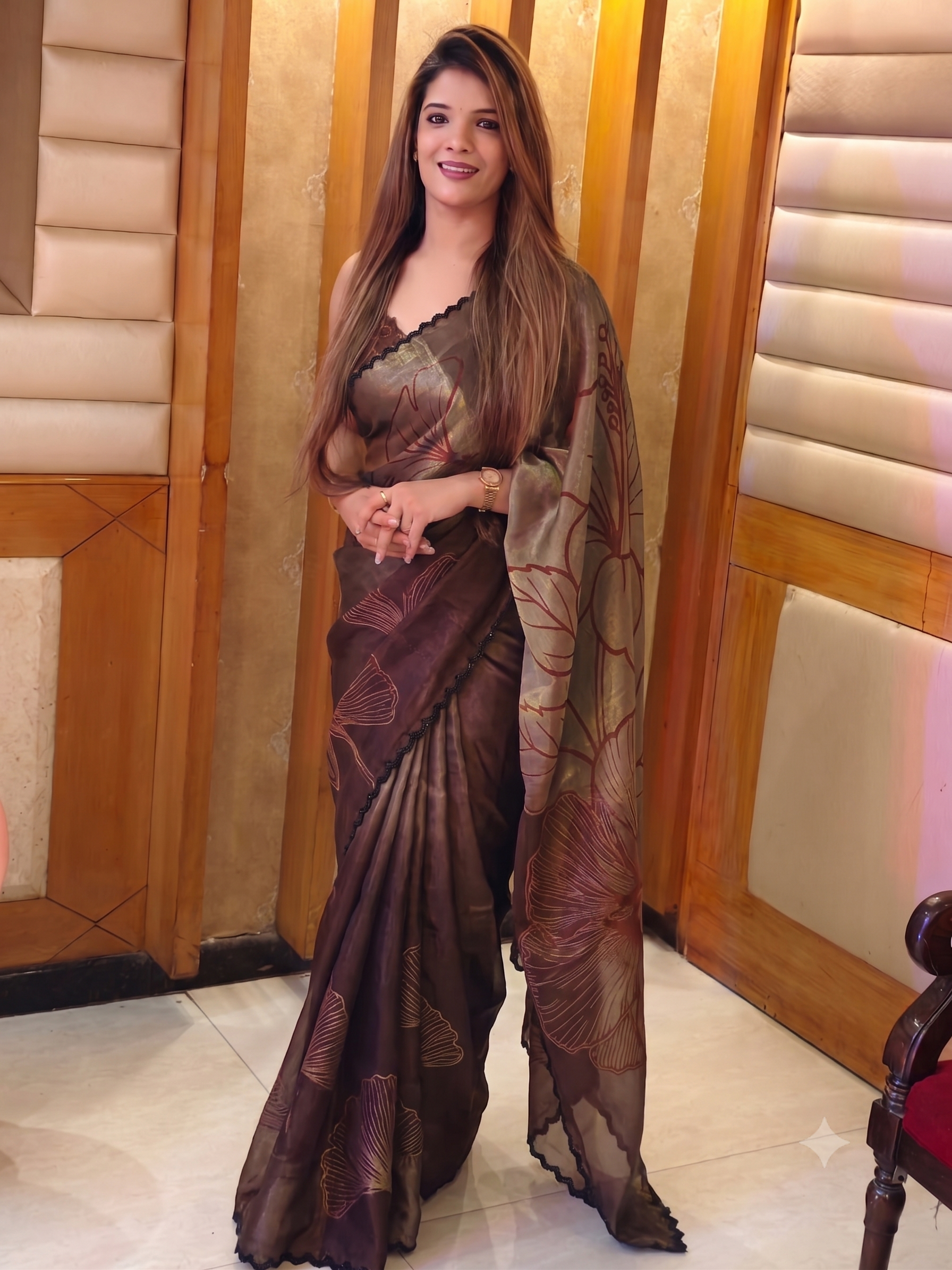 Chic Metallic Dual-Tone Satin Silk Saree Secondary image