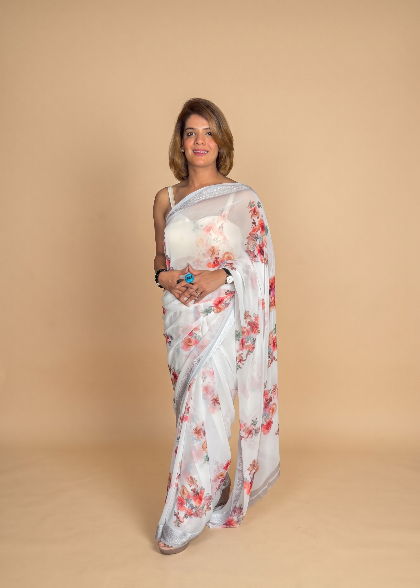 Elegant Off-White Floral Printed Saree