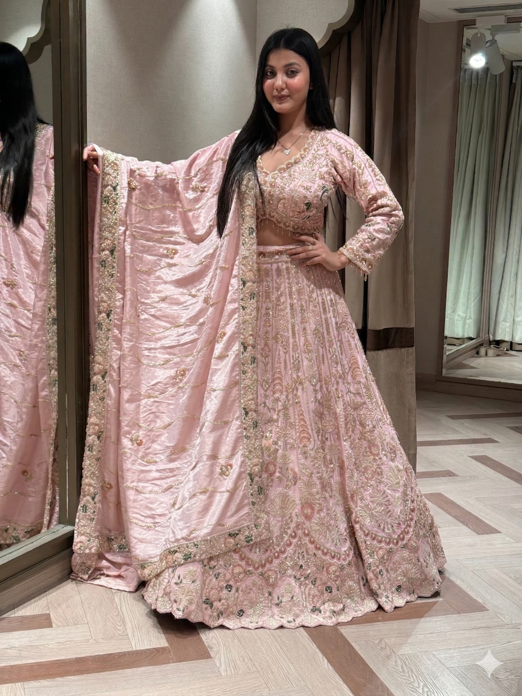 Ivory & Peach Pastel Embroidered Lehenga Set Secondary image
