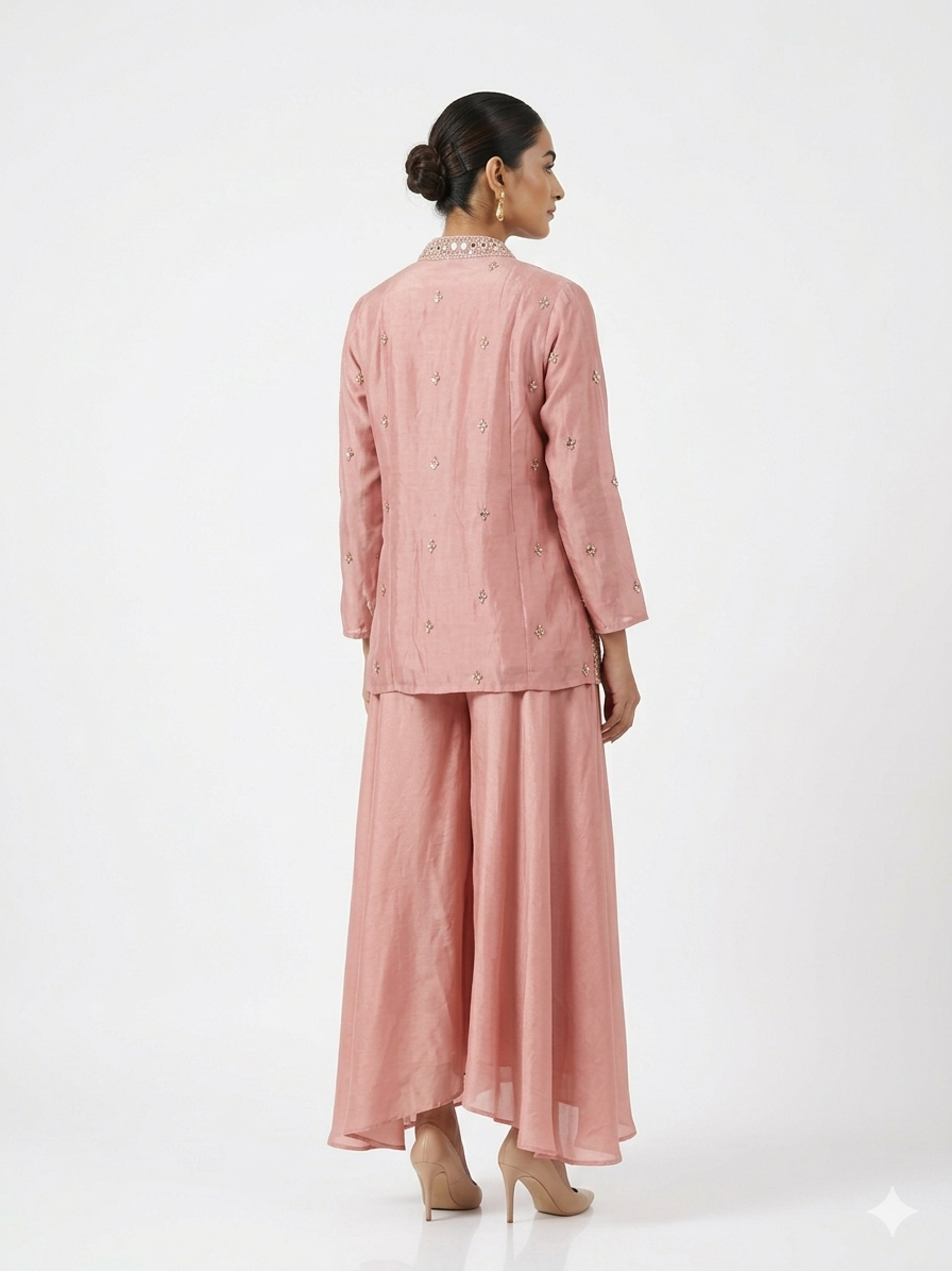 Pink Three-Piece Co-ord Set with Embroidered Jacket & Palazzos Secondary image