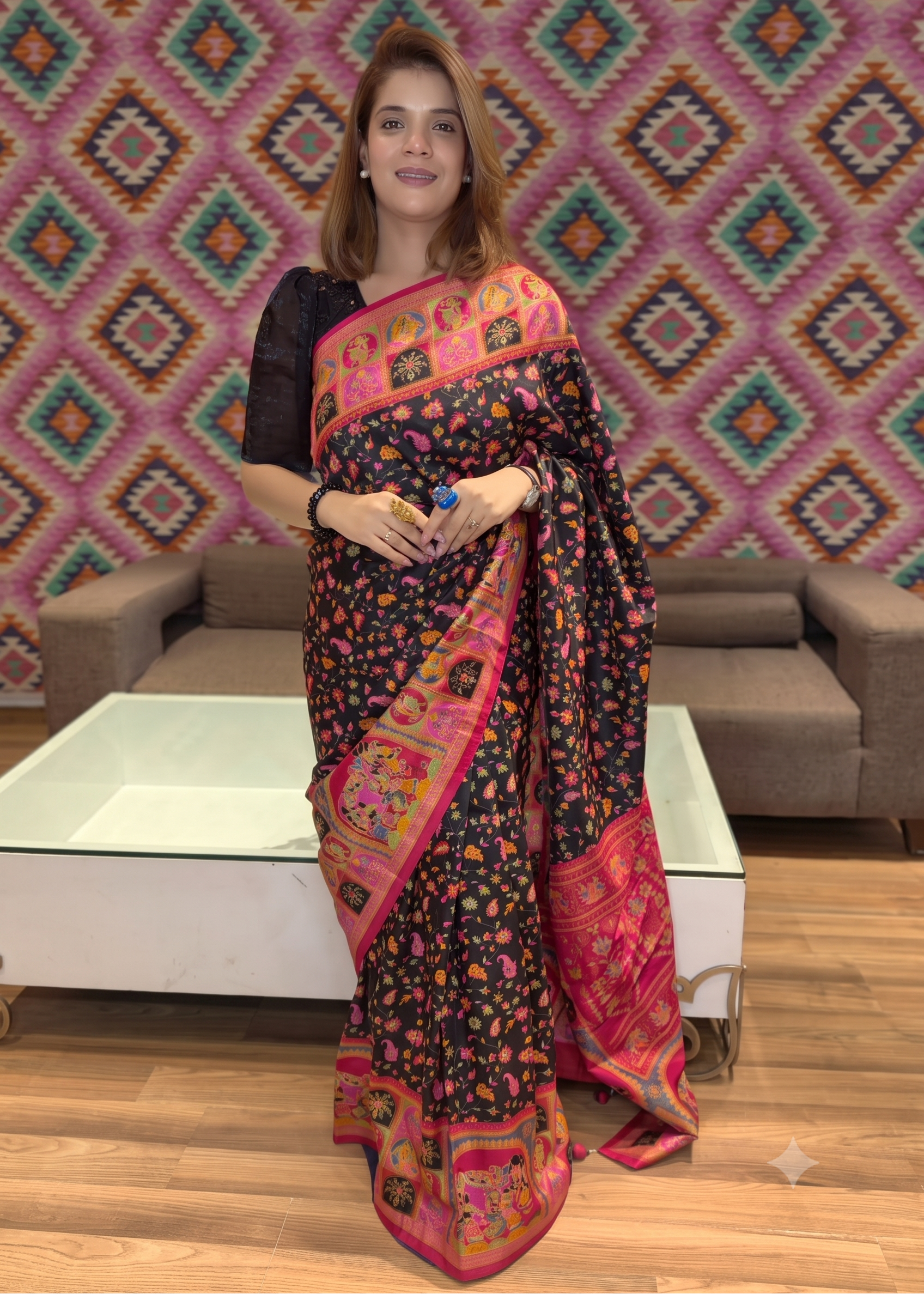 Black Floral Print Saree Main image